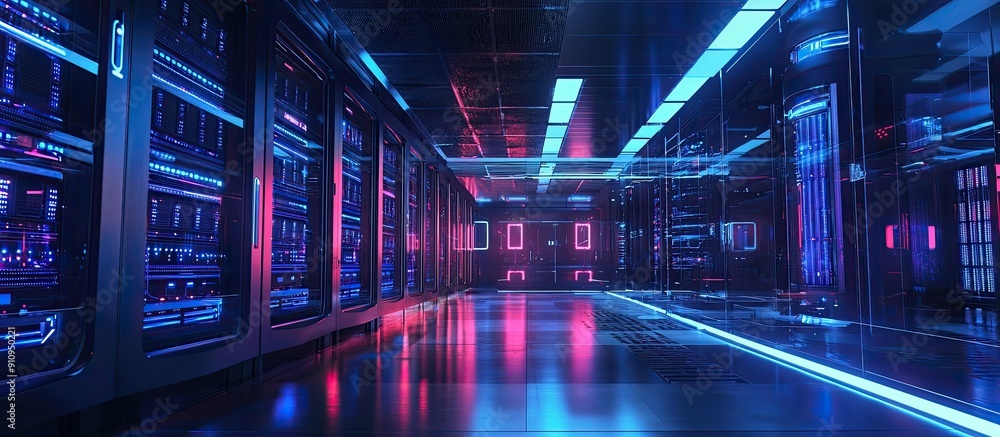 Poster futuristic data center featuring illuminated server racks highlighting advanced technology security 