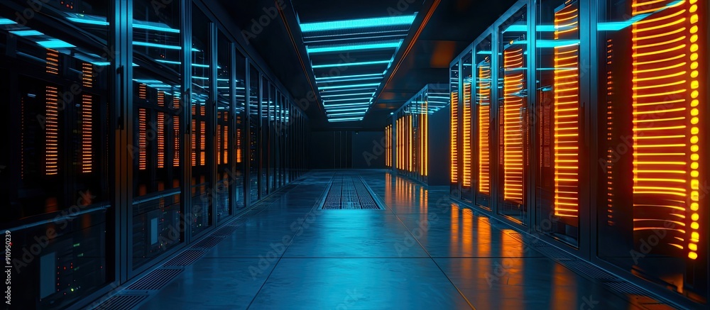 Poster futuristic data center featuring illuminated server racks highlighting advanced technology security 
