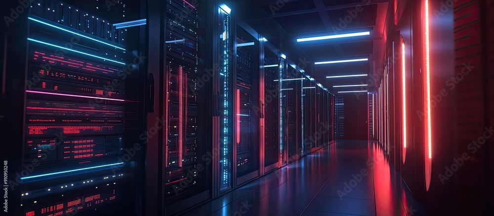 Poster futuristic data center featuring illuminated server racks highlighting advanced technology security 