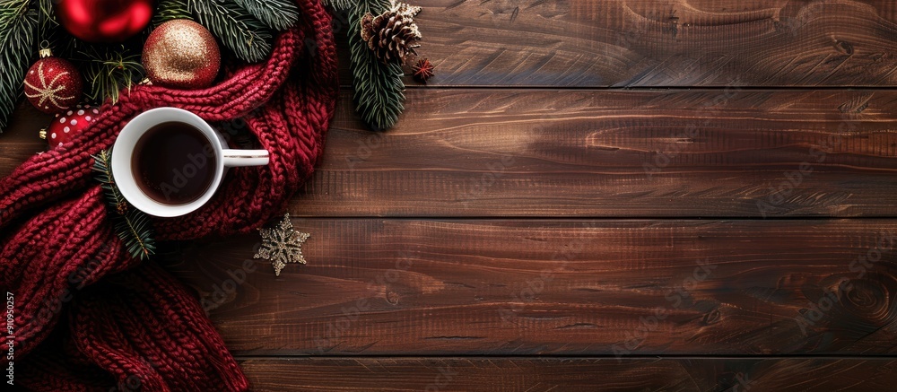 Poster creative flat layout on a dark wood table with christmas themed decorations including a scarf coffee