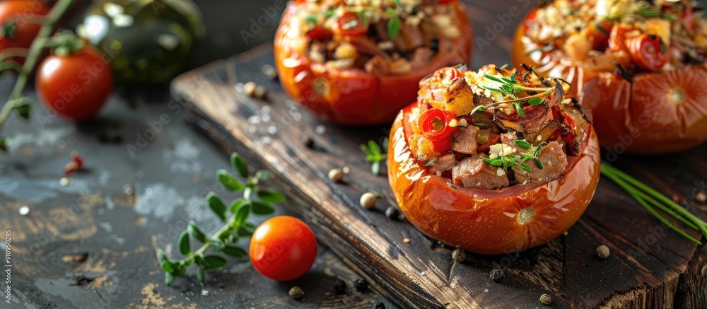 Aufkleber Stuffed tomatoes with a mix of pork beef and chicken served as a delicious second course baked and placed on a rustic table with a copy space image in the background