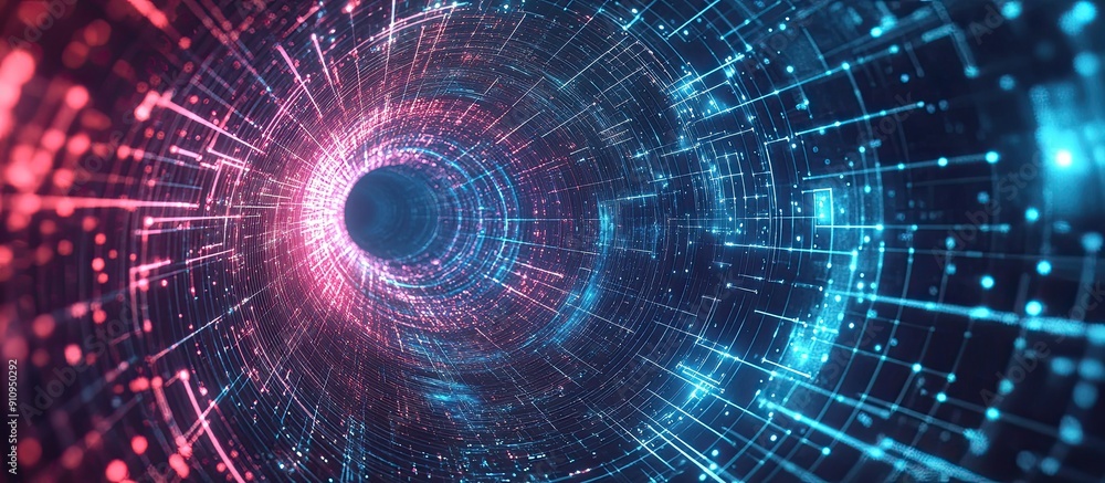 Poster futuristic speed tunnel with abstract ai wireframe design sci fi colorful wormhole and data flow tec