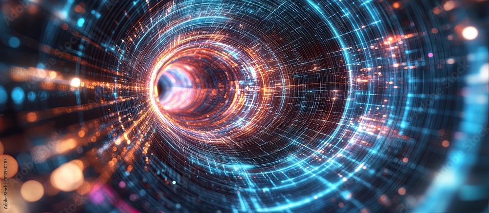 Poster futuristic speed tunnel with abstract ai wireframe design sci fi colorful wormhole and data flow tec