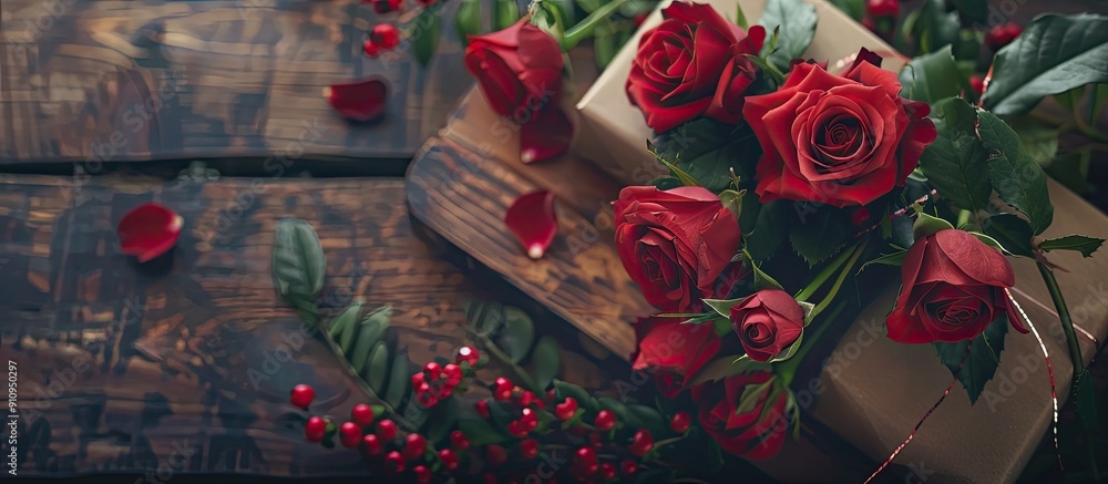 Poster valentine s day themed composition featuring a cluster of red roses a gift box and a wooden board wi