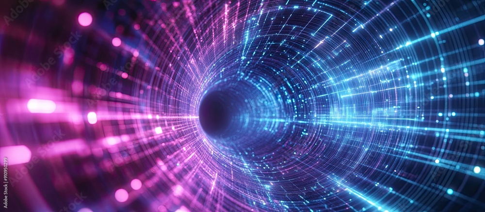 Poster futuristic speed tunnel with abstract ai wireframe design sci fi colorful wormhole and data flow tec