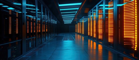 Futuristic data center featuring illuminated server racks highlighting advanced technology security and operational efficiency