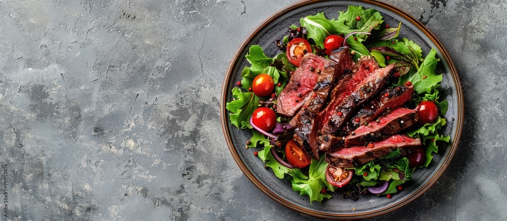 Poster A steak salad with beef organic lettuce and cherry tomatoes was presented on a concrete background with room for text or other elements in the image. Creative banner. Copyspace image