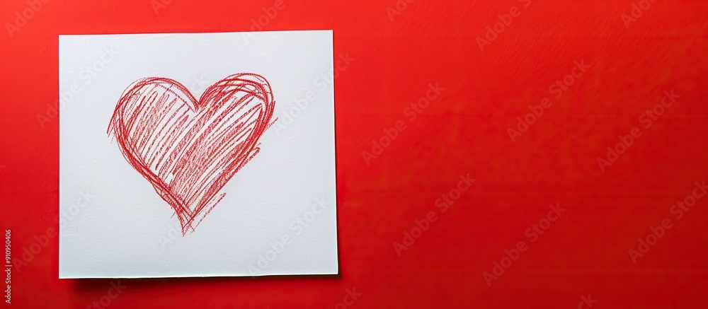 Poster Heart shape drawn on a blank white paper set against a vibrant red backdrop creating an ideal copy space image
