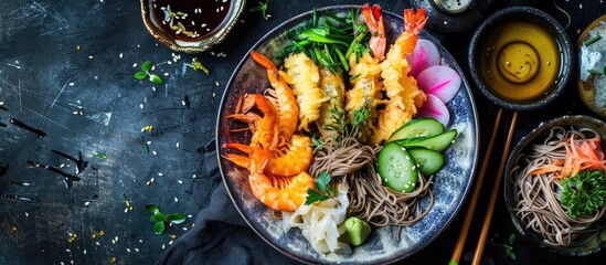 Summertime cuisine featuring Japanese Tempura with shrimp vegetables and taro soba noodles in a refreshing image with empty space for text. Creative banner. Copyspace image