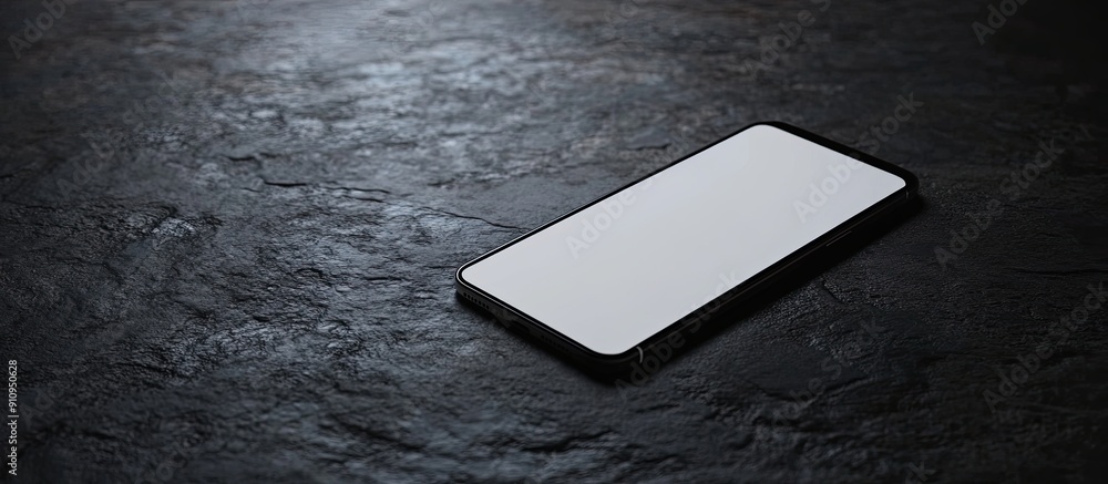 Poster modern smartphone with a blank screen on a dark surface isolated against a dark backdrop highlightin
