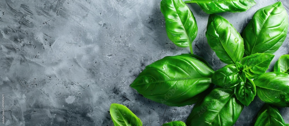 Poster Fresh basil leaves arranged on a background with copy space image