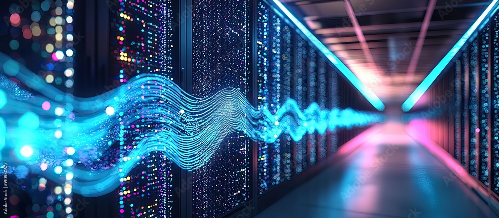 Poster server room with network waves in a data center