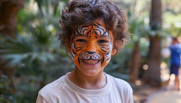 A young boy joyfully displays his face painted like a fierce tiger, showing creativity