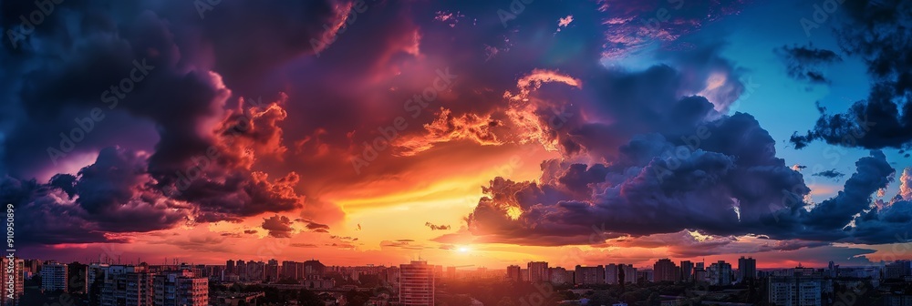 Poster a stunning image capturing a vibrant sunset with an array of dramatic clouds, casting colorful hues 