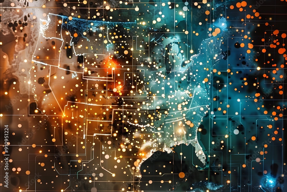 Poster abstract digital map of usa with connecting lines and dots