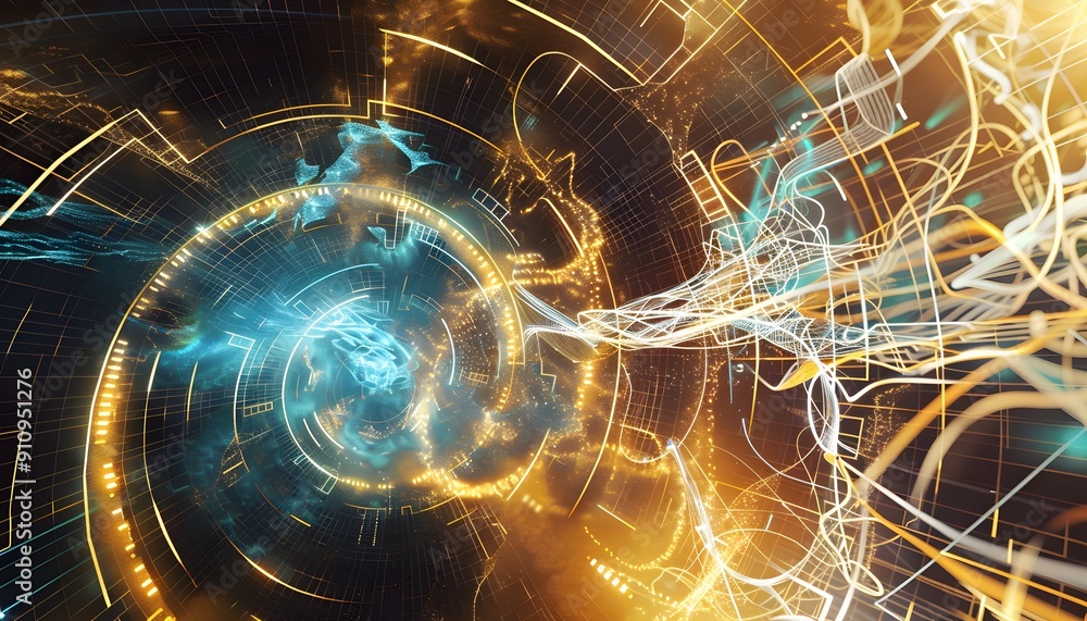 Poster abstract digital art: intertwined lights and circles. abstract digital art featuring swirling lines 