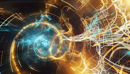 Abstract Digital Art: Intertwined Lights and Circles. Abstract digital art featuring swirling lines and a central circular pattern.