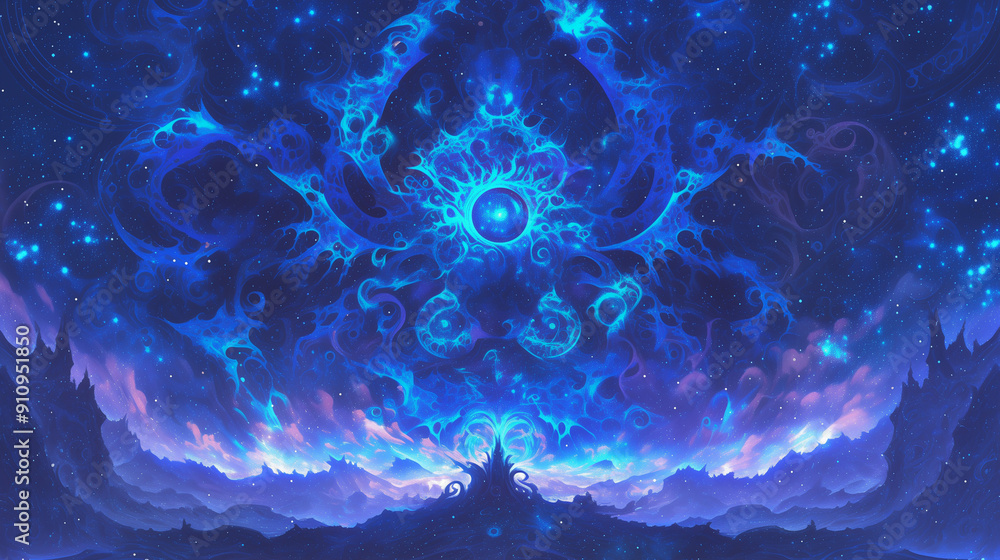 Wall mural vivid fractal patterns with neon colors and intricate glowing details, creating a mesmerizing and fa
