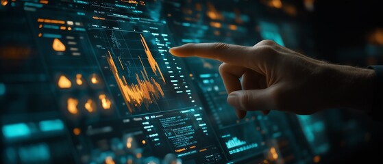 Business analyst using a virtual touch screen to display a positive trend in a financial growth chart The office backdrop highlights a datadriven success story