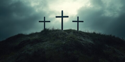 Three crosses on hill under clouds