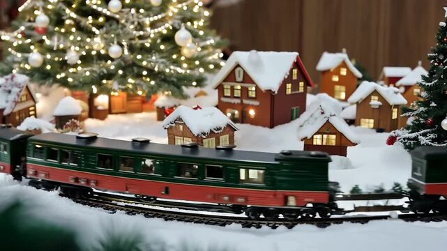 A small train moves through a winter village filled with snow-covered houses decorated for the holidays, all beneath a beautifully lit Christmas tree