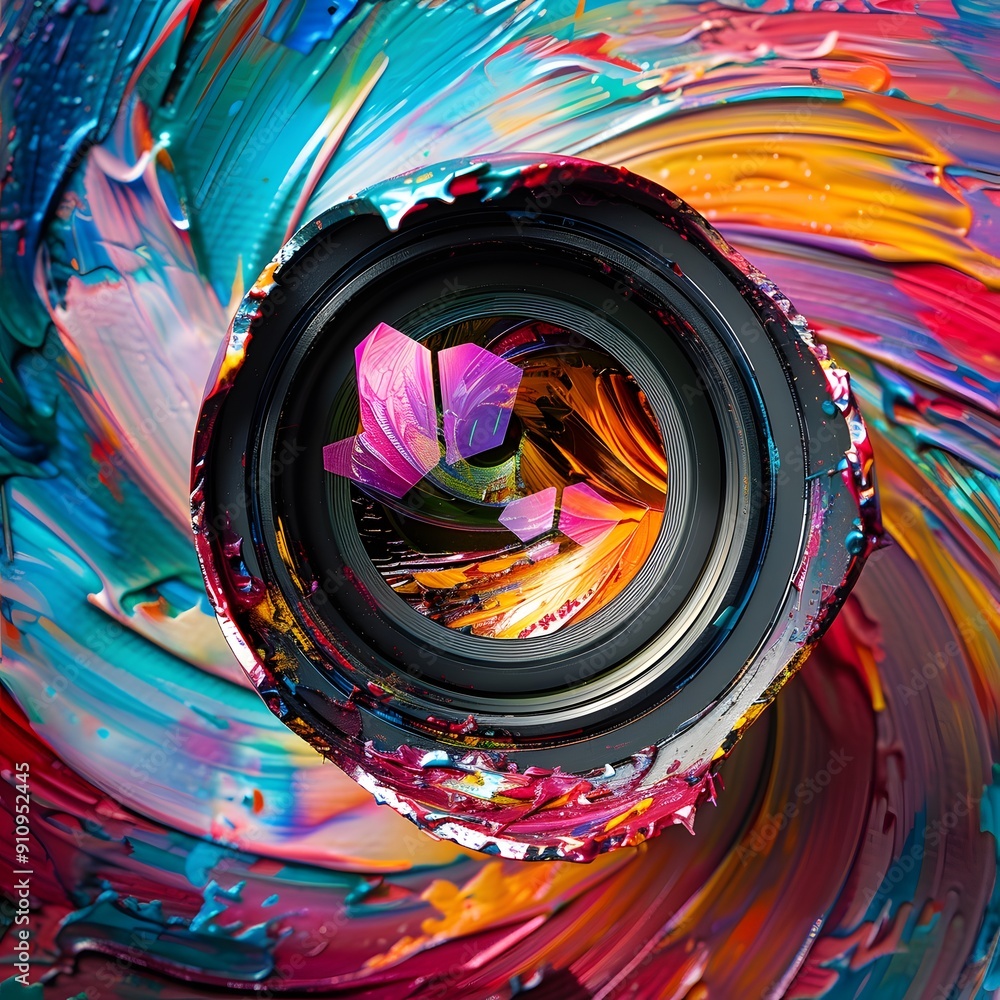Poster abstract camera lens with colorful paint swirls. a close-up view of a camera lens, surrounded by col