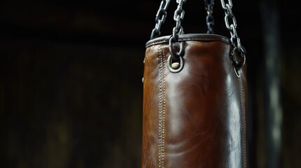 Brown Leather Punching Bag Hanging from Chain