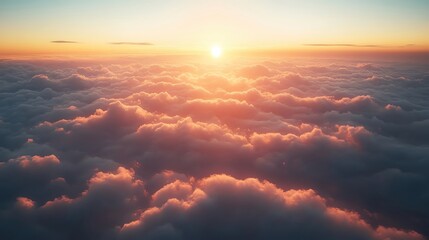 An enchanting scene from the aircraft window featuring the sky and big clouds in a warm golden glow