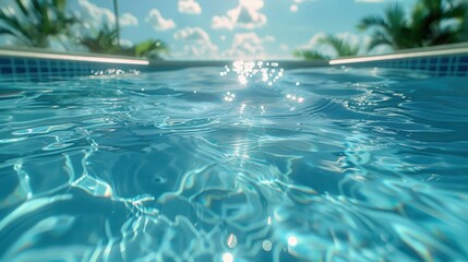 Closeup of sparkling pool water with palm trees and cloudy sky in background