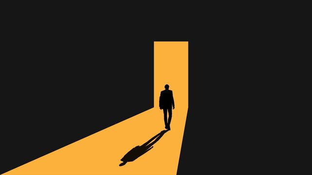 Silhouette of Businessman Entering Lit Door Passage in Darkness. Business people and concepts illustration