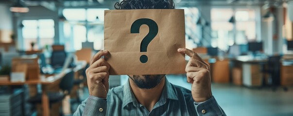 Businessman confused thinking seeks a solution, paper card with question mark on him head Doubtful young male studio shot isolated on office background
