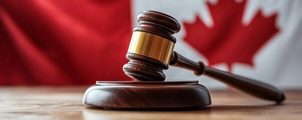 A judge s gavel with a blurred flag of Canada in the background Closeup of the wooden hammer and legal codex Jurisprudence and court system concept