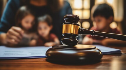 Family Law Attorney with legal paperwork and a gavel Judge s hand banging the gavel in a family court