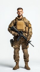 Fototapeta premium Young Soldier in Tactical Gear Holding Rifle: A young soldier in full tactical gear holding a rifle and smiling