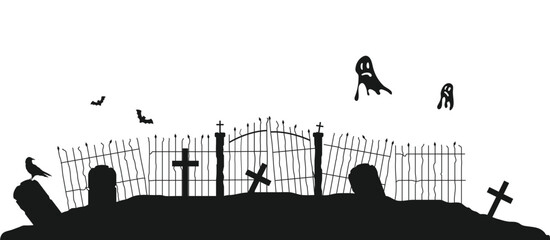 Silhouette of Graveyard Fence with Flying Ghosts. Seasonal national holiday concept vector