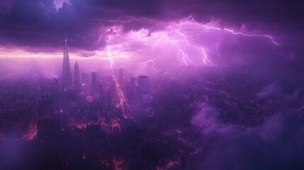 Lightning Strikes Over a Cityscape at Night