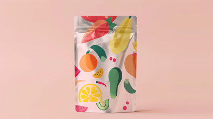 A playful design mockup of a silver stand-up pouch, featuring whimsical illustrations of fruits and vegetables in bright colors