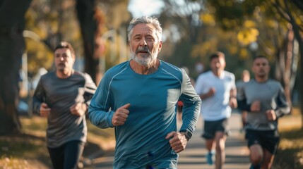 Fototapeta premium A group of runners jogs through a park with colorful autumn foliage on a sunny morning