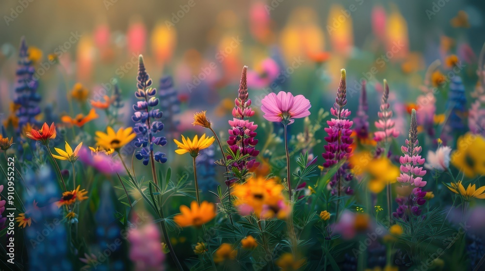 Wall mural Vibrant wildflower meadow at golden hour with diverse colorful blooms