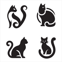 Black and white vector illustration of different cat sitting in silhouette, isolated on a transparent background. Perfect for logos, cutouts, T-shirt prints, baby products, and packaging designs.