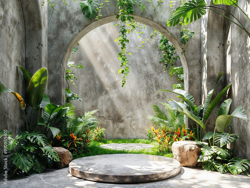 Poster empty round stone pedestal with tropical plants in a patio with arch, perfect for displaying product