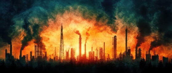 Dramatic city skyline with oil derricks towering, symbolizing economic dependency on oil