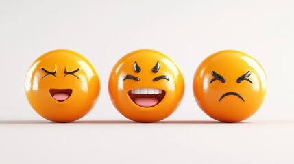 Obraz premium Set Icon Emoji of Yellow glossy 3d emotions face with Joy, happy and fun,sad,laugh,sleep,in love,Yellow balls with faces with different moods, Emotion expression, Vector illustration.