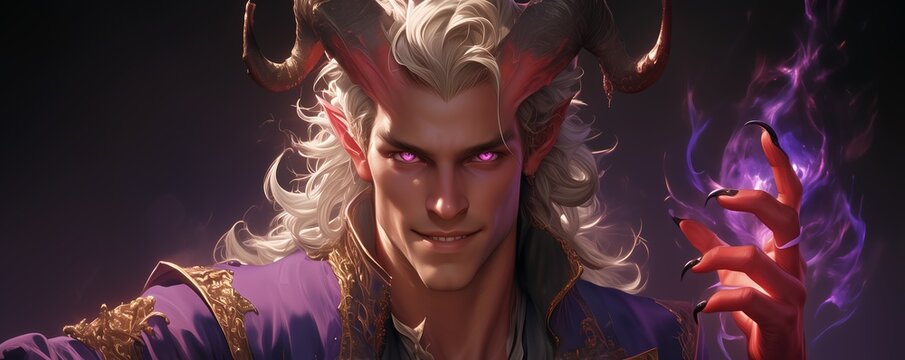 hyper realistic highly detailed handsome tiefling man in his mid twenties with shoulder length white hair large horns red skin glowing purple eyes an ostentatious purple robe with