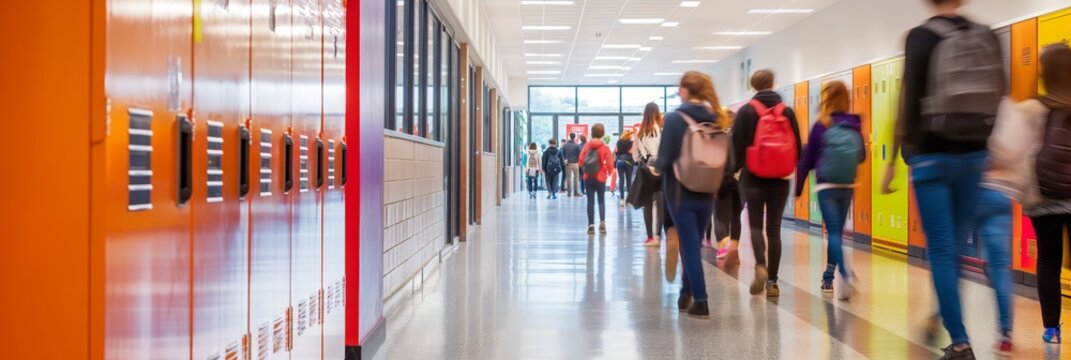 A brightly lit school hallway filled with students walking to their classes, representing the dynamic and busy nature of the school environment.