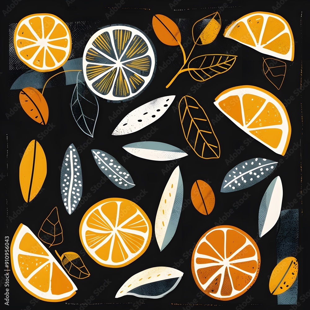 Poster abstract orange fruit pattern. an abstract background featuring a seamless pattern of wavy teal and 