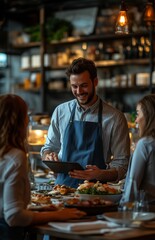 A cheerful waitress serves two young women at a cozy coffee shop with friendly service