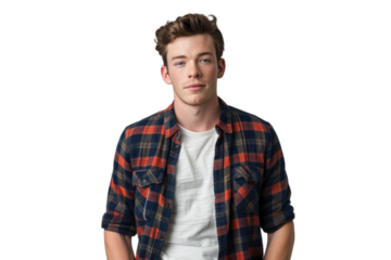 Young man wearing a plaid shirt over a white t-shirt, standing with a neutral expression. Suitable for fashion, lifestyle, or casual wear promotions. Transparent background png.