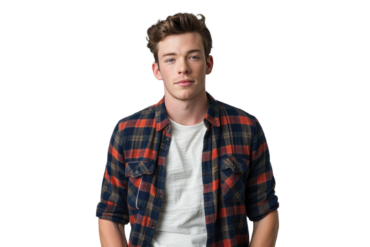Young man wearing a plaid shirt over a white t-shirt, standing with a neutral expression. Suitable for fashion, lifestyle, or casual wear promotions. Transparent background png. - Powered by Adobe