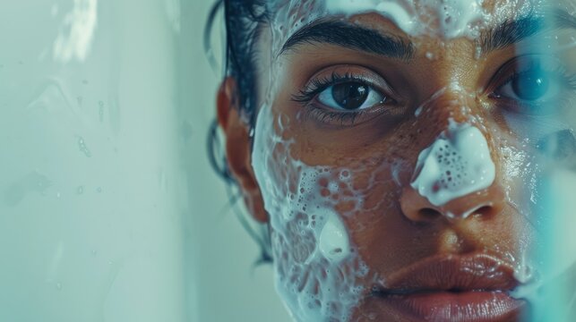 Woman applying skin cream with foam on face
